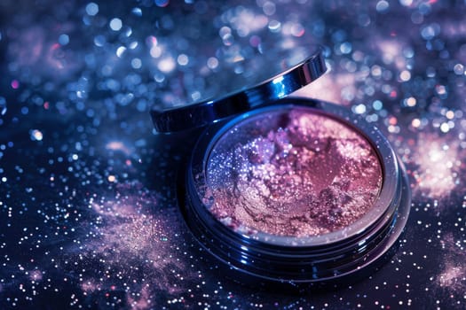 Dreamy double exposure of compact powder and starry night sky.
