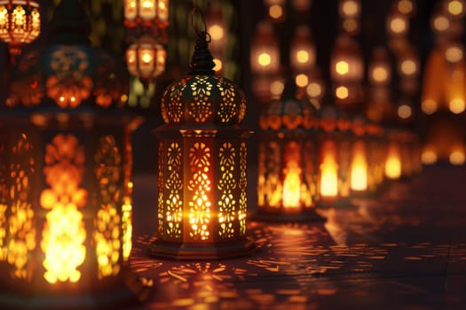 Dynamic 3D animation of Islamic lanterns flickering and glowing, casting patterns of light and shadow.