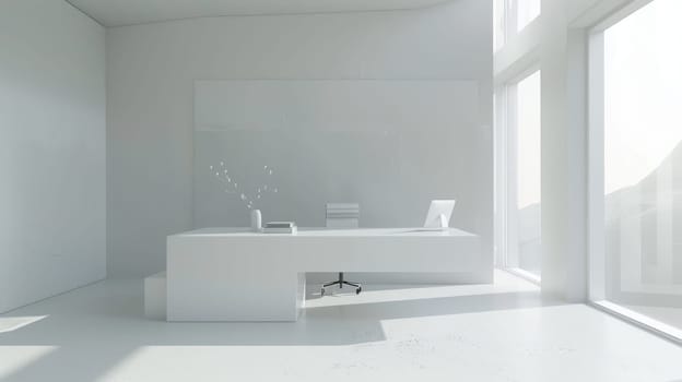 Elegant minimalist design featuring a white desk and sparse decor.