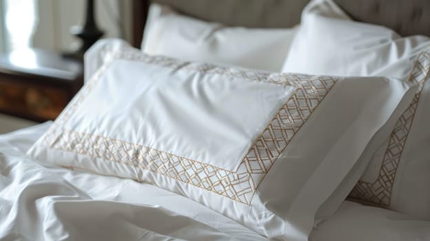 Embroidered Islamic pillowcases featuring geometric motifs, adding a touch of luxury to bedding.