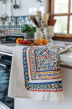 Embroidered Islamic tea towels featuring geometric borders, adding charm to kitchen decor.