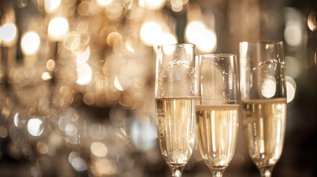 Elegant double exposure blending champagne flutes with elegant chandeliers for a sophisticated ballroom party