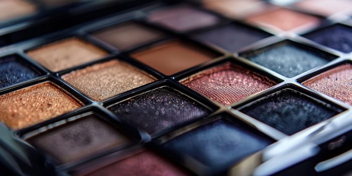 Dramatic silhouette of an eyeshadow palette with rich, pigmented shades.