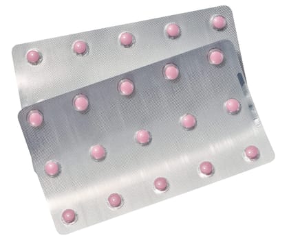 Blister pack with round pink pills on isolated background, top view