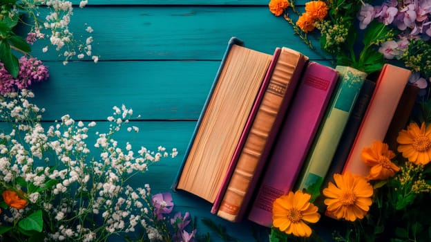 A still life composition of old books and wild flowers. AI generated