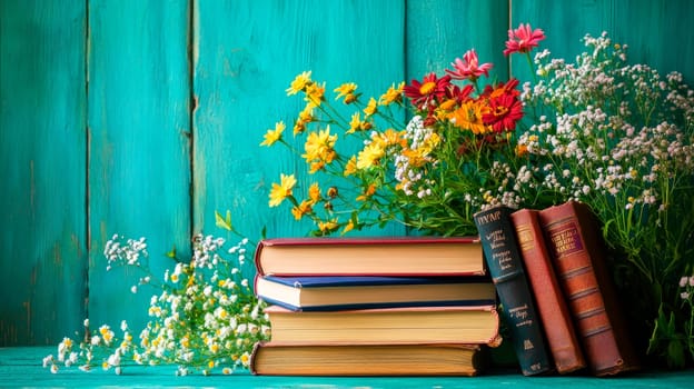 A still life composition of old books and summer flowers. AI generated