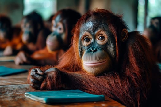 An orangutan in a school. Wild animals learning in a classroom. AI generated