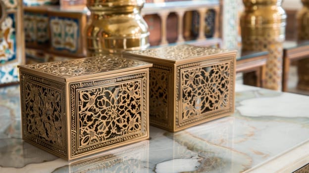 Gilded Islamic tissue box covers with intricate detailing, adding refinement to bathrooms or desks.