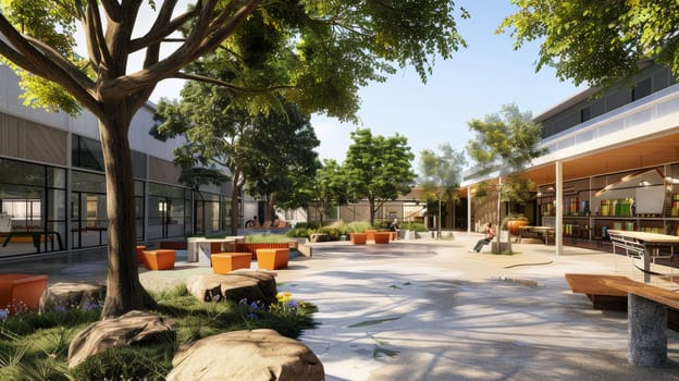 A park with a large tree in the center and benches around it. The park is empty and peaceful