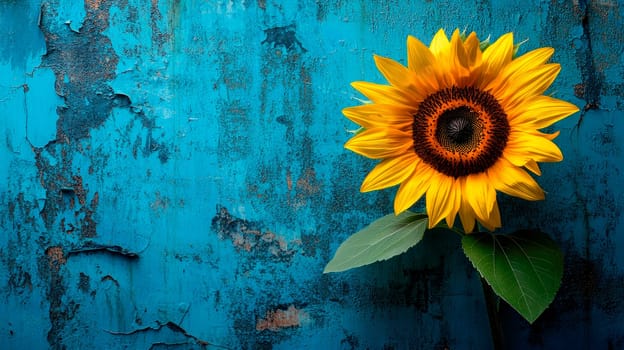 An yellow bright sunflower on a blue painted background, copy space. AI generated