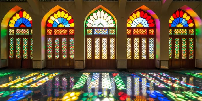 Islamic-inspired stained glass windows casting colorful reflections, adding charm to interiors.