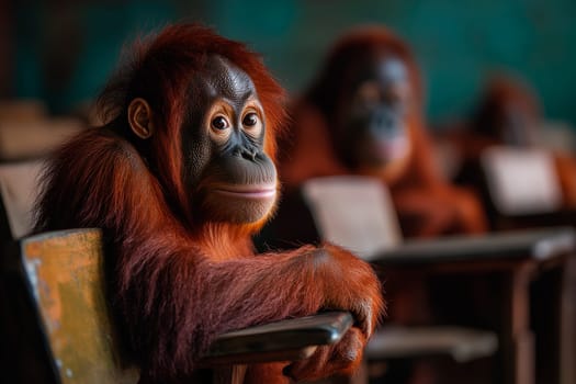An orangutan in a classroom. Wild animals learning in a school. AI generated