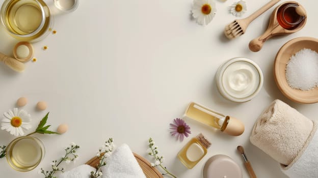 A white background with a variety of beauty products and flowers. Scene is calming and relaxing, as it features items commonly associated with self-care and pampering