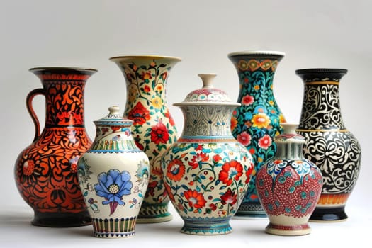 Hand-painted Islamic ceramic vases with floral motifs, adding beauty to floral arrangements.