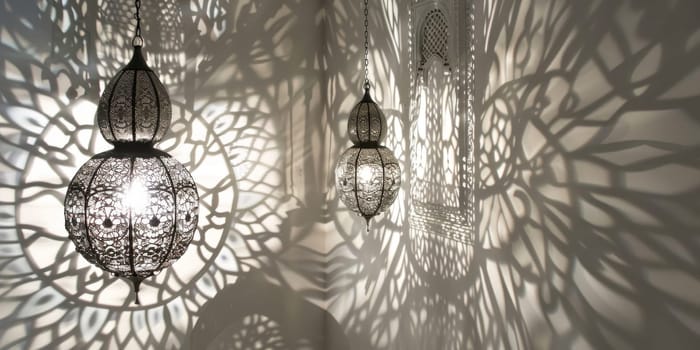 Islamic lanterns casting intricate shadows against a white wall, creating a mesmerizing ambiance.