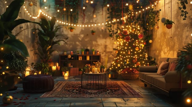 A cozy living room with a Christmas tree and a few potted plants. The room is lit up with lights, creating a warm and inviting atmosphere