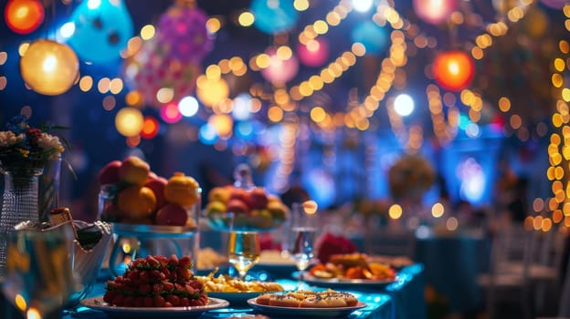 A buffet table with a variety of food and drinks, including fruit, wine, and desserts. The table is set up for a party or gathering, and the atmosphere is festive and inviting