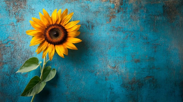 One yellow bright sunflower on a blue painted background, copy space. AI generated