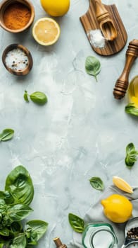 Flat lay view of culinary ingredients and tools on a sleek surface.