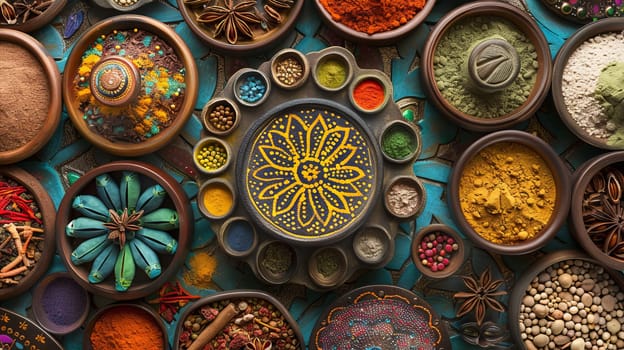 Indian spice market layout pattern of travel essentials including a spice market, incense, and henna tattoo against a backdrop of vibrant colors and exotic scents.