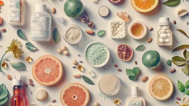 Intricate patterned layout of holistic health essentials for a captivating visual experience