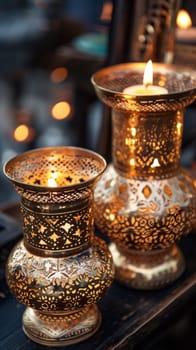 Gilded Islamic candle holders with intricate detailing, creating a warm and inviting ambiance.