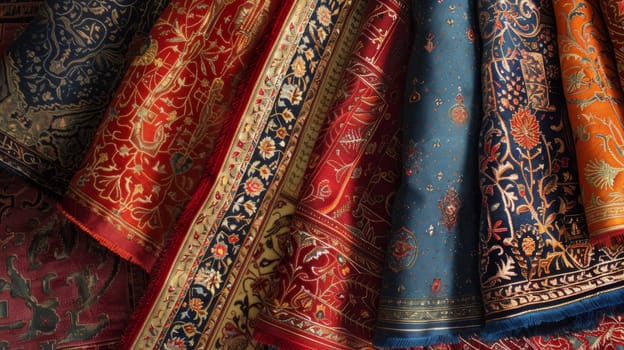 Luxurious Islamic textiles featuring rich colors and intricate patterns, perfect for draperies and upholstery.