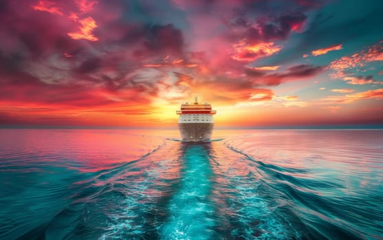 A luxury cruise ship sails through calm waters against a breathtaking sunset sky, offering a sense of grand travel adventures