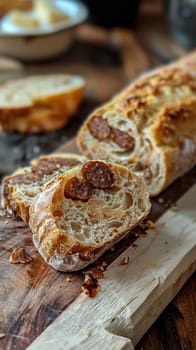 Sliced traditional sausage and rustic bread served on a wooden cutting board with ketchup, depicting a hearty meal