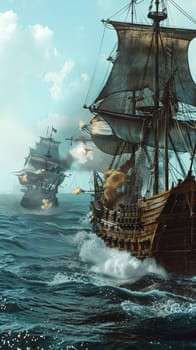 An epic naval battle scene featuring grand sailing ships amidst cannon fire and dramatic skies, invoking historical maritime warfare