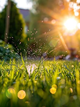 Water sprinkler spraying droplets on a vibrant green lawn with sunflare, symbolizing garden care and summer freshness