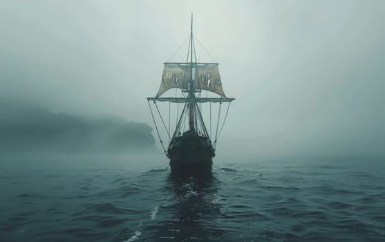 A ghostly sailing pirate ship emerges from a dense fog on the open sea, creating a mysterious and eerie maritime scene