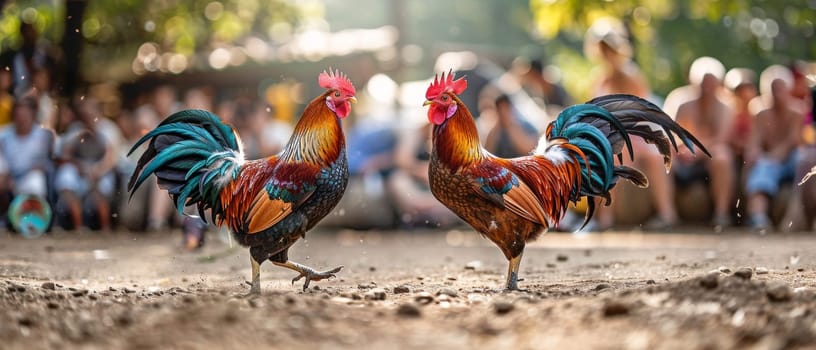 A dynamic cockfight with roosters engaged in battle while surrounded by an attentive crowd in a tropical village setting.
