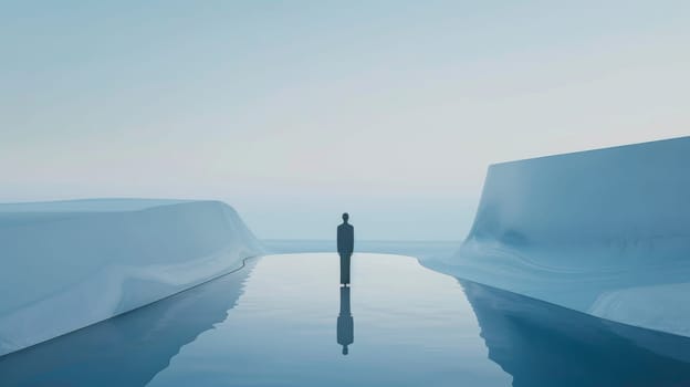 A man stands in front of a wall of ice. The scene is cold and desolate, with the man alone in the middle of the water. Concept of loneliness and isolation