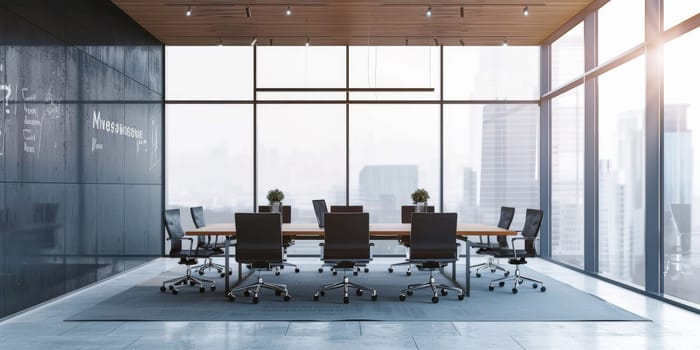 A large conference room with a black table and chairs. The room is empty and has a modern design