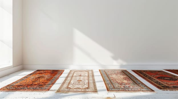 Minimalist composition of Islamic prayer rugs arranged neatly against a white floor.
