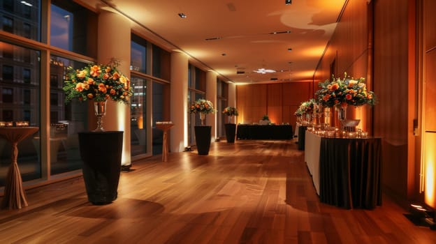 A large room with a wooden floor and a black table. The room is decorated with flowers and vases