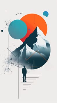A man stands in front of a mountain with a blue and orange circle in the background. The mountain is covered in snow and the sky is cloudy. The man is looking up at the mountain