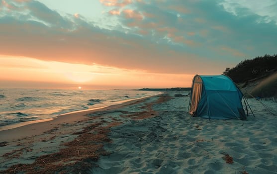 A tranquil beach camping scene at sunset with a colorful sky, featuring a tent overlooking the serene ocean waves