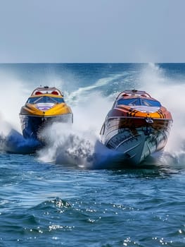 Speedboats race at high velocity, churning the ocean water with powerful, in an intense display of water sportsmanship