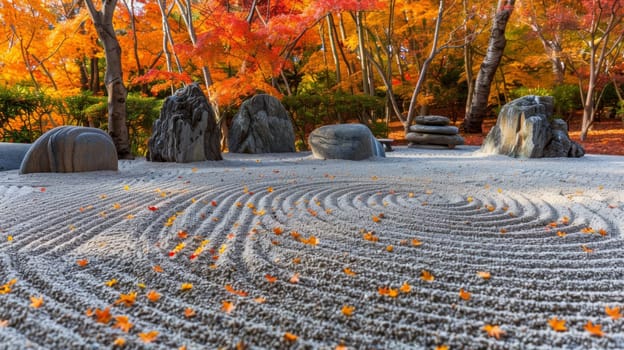 The calm of an autumn day settles over a Japanese Zen garden, where raked gravel and autumnal hues invite contemplation and tranquility.