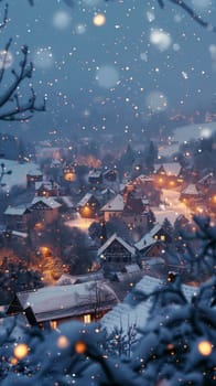Delicate snowflakes drift down upon an alpine village, where homes glisten with festive lights amid the hushed silence of a snowy evening.