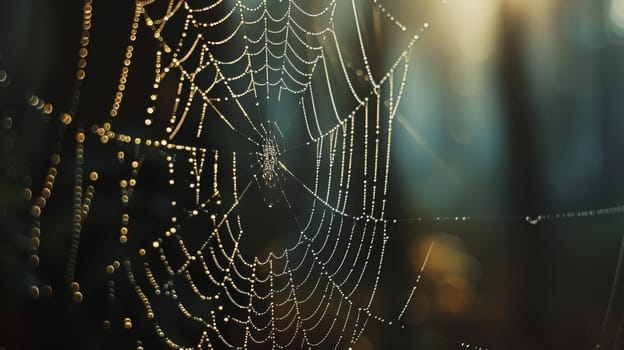 The complex geometry of a spiderweb captures the twilight's first light, creating a shimmering spectacle of dew against a dark forest canvas.