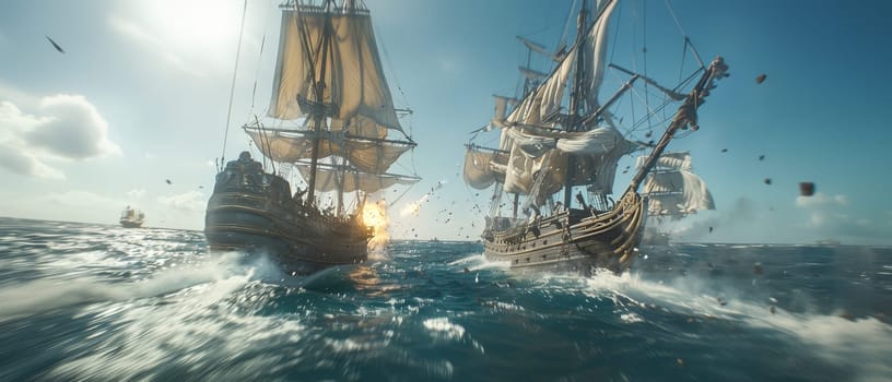 An epic naval battle scene featuring grand sailing ships amidst cannon fire and dramatic skies, invoking historical maritime warfare