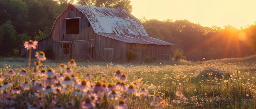 The last rays of the sun cast a warm glow over an antique barn, complemented by a foreground of cheerful wildflowers in a pastoral setting.