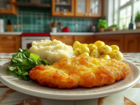 delicious homemade schnitzel on a plate, surrounded by fresh salad and a side of mashed potatoes. AI generative.