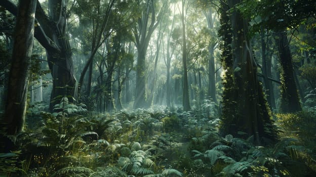 Morning light filters through the dense canopy of an enchanted forest, illuminating the intricate patterns of ferns and the towering, mossy sentinels.