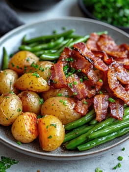 Rustic country-style dish with roasted new potatoes in a plate, tender green beans and crispy bacon bits. AI generative.