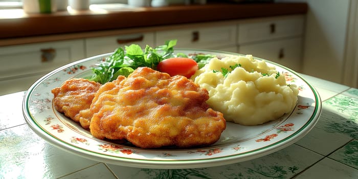 delicious homemade schnitzel on a plate, surrounded by fresh salad and a side of mashed potatoes. AI generative.