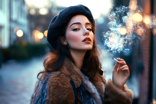Woman dressed in 80s style smoking a cigarette on the street. AI generative.